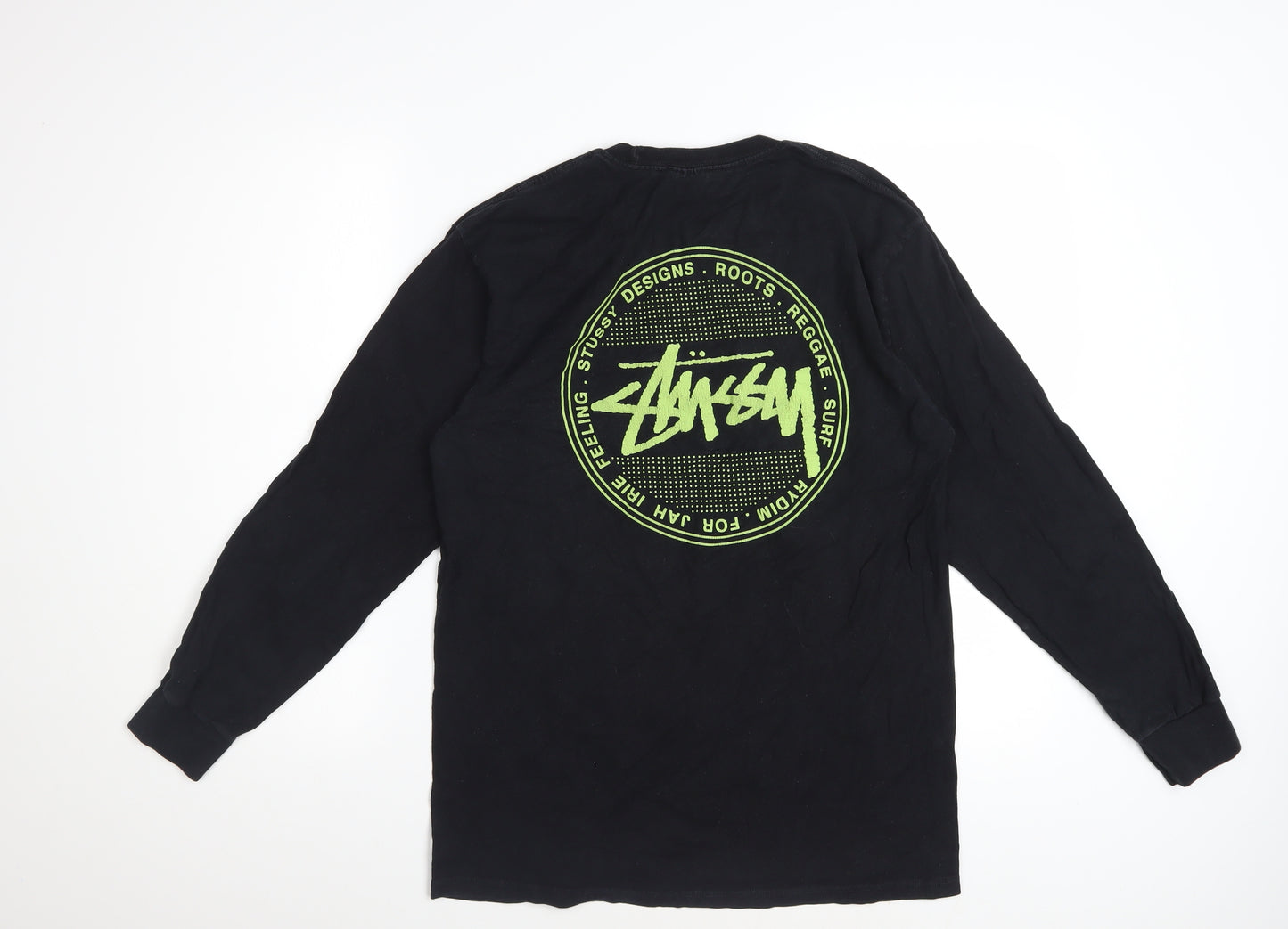 Stussy Men's Black Long Sleeve Graphic Crew Neck Cotton T-Shirt Size M