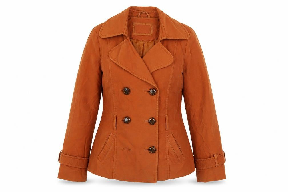Front view of Principles Women’s Brown Cotton Pea Coat, size UK 12, Short Twill Jacket