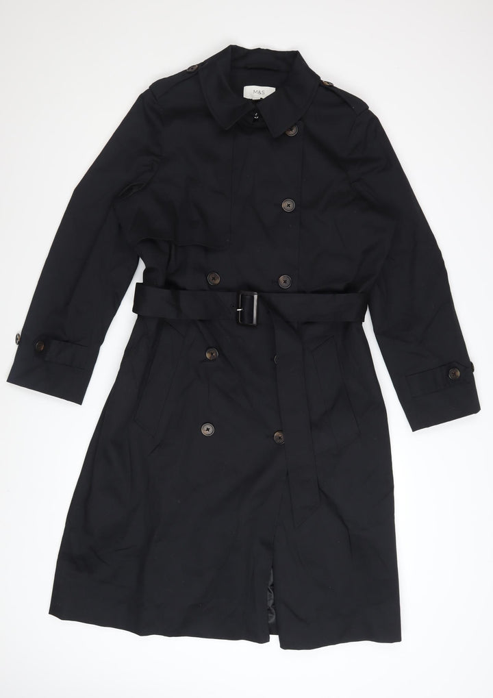 Marks and Spencer Womens Black Petite 14 Trench Coat Belted Mid-Length