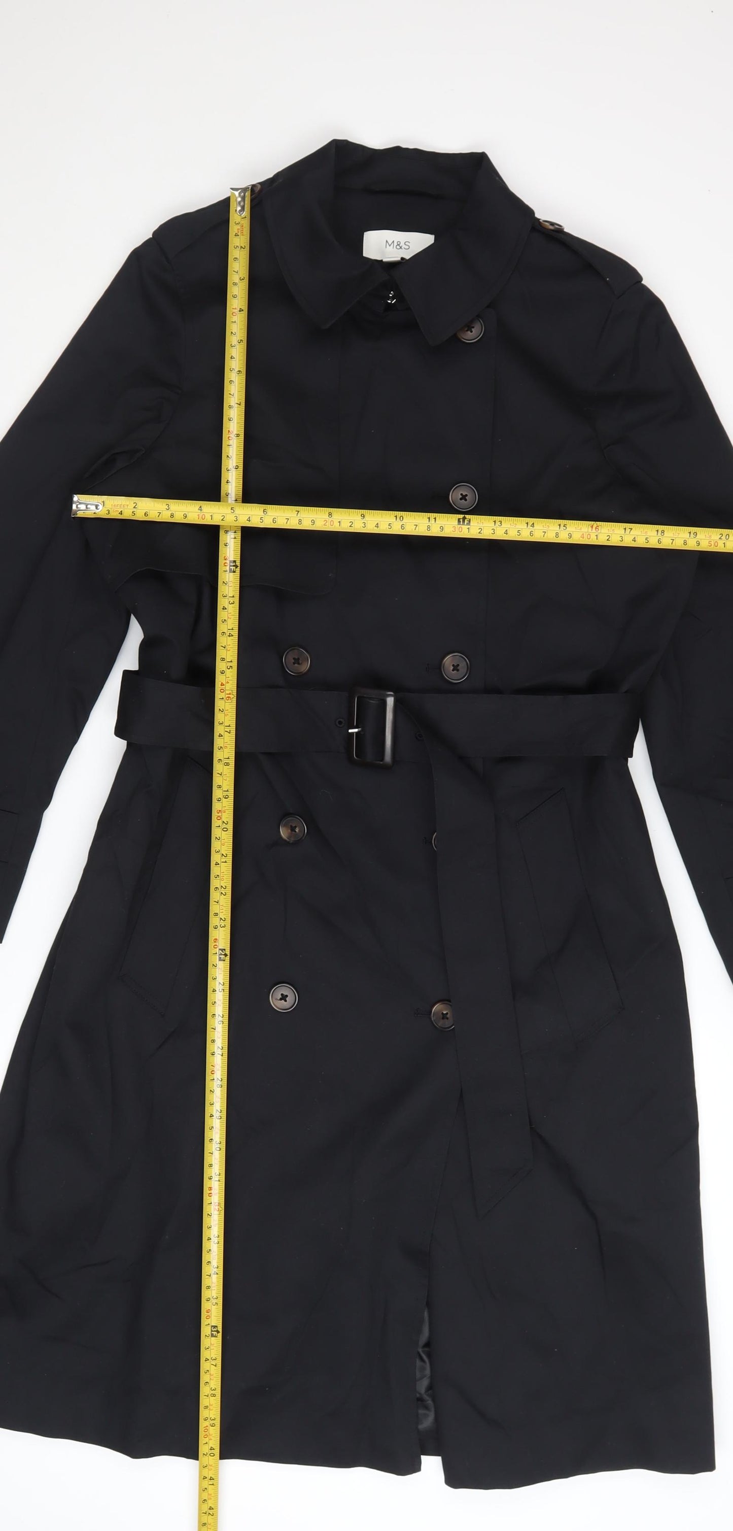 Marks and Spencer Womens Black Petite 14 Trench Coat Belted Mid-Length