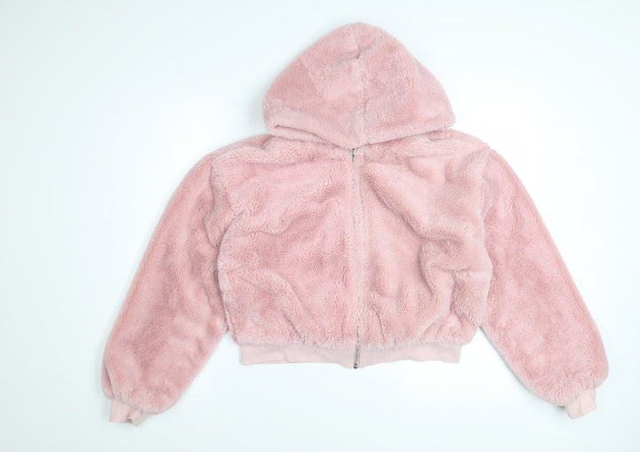 Topshop Women’s Pink Hooded Cropped Fleece Jacket Size S