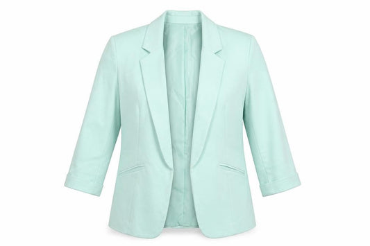 Front view of Missi London Women’s Green Blazer, size UK 12, 3/4 Sleeve Lined Smart Jacket