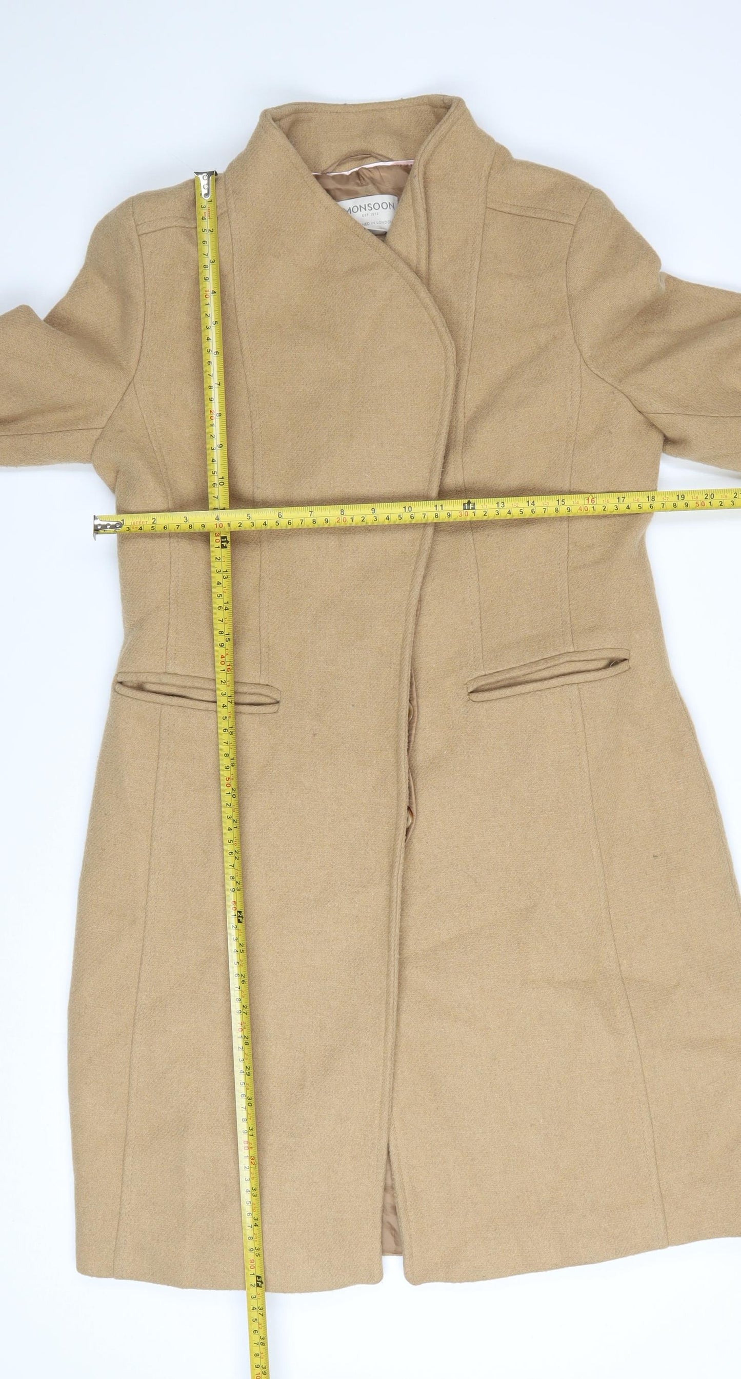 Monsoon Women’s Beige Wool Blend Long Overcoat Size 12