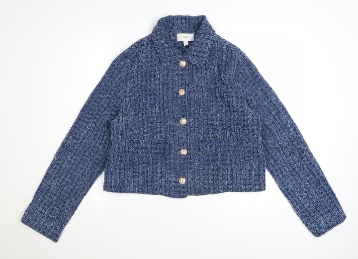 Marks and Spencer Womens Blue Cotton Tweed Cropped Jacket Size 12