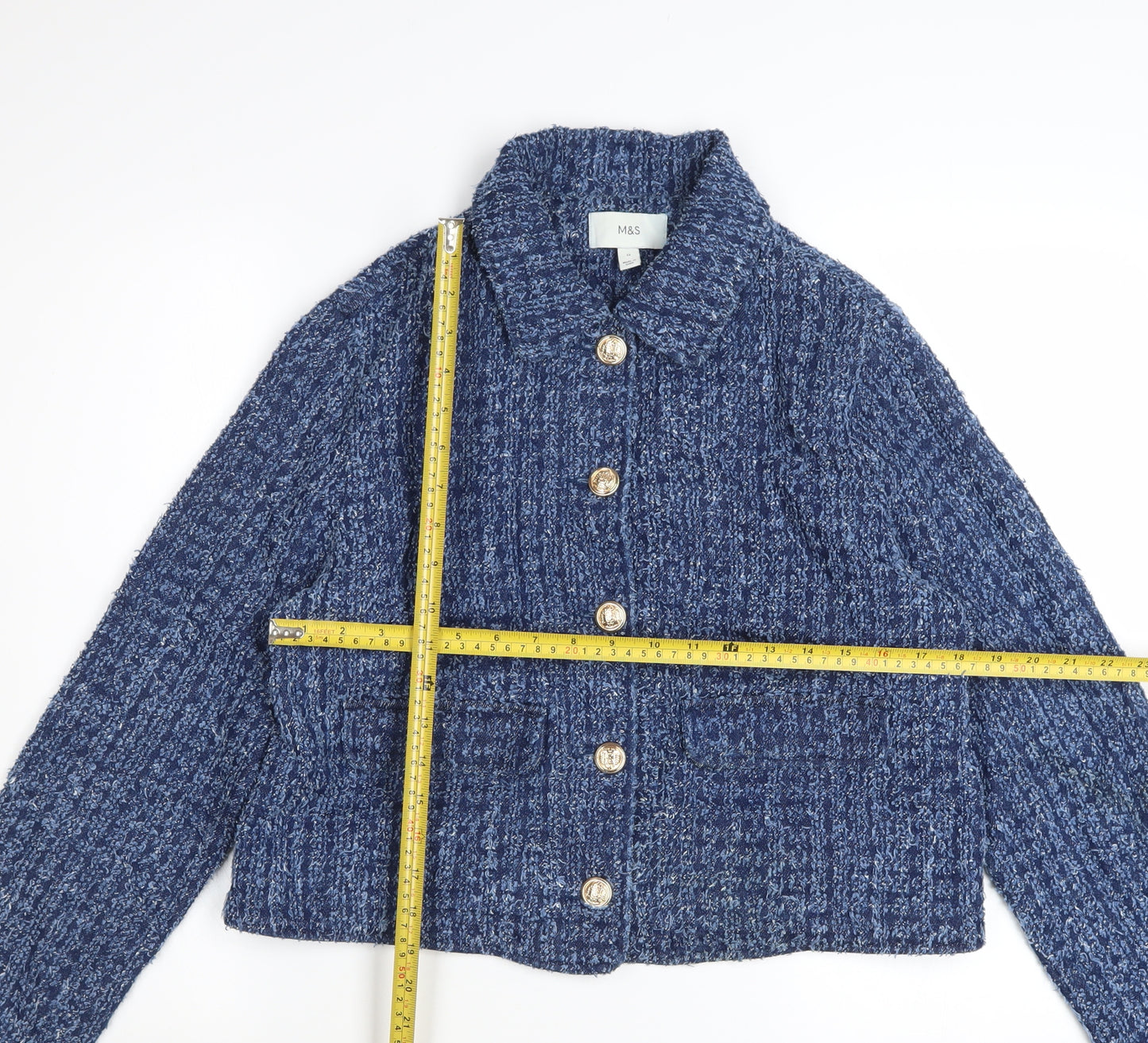 Marks and Spencer Womens Blue Cotton Tweed Cropped Jacket Size 12