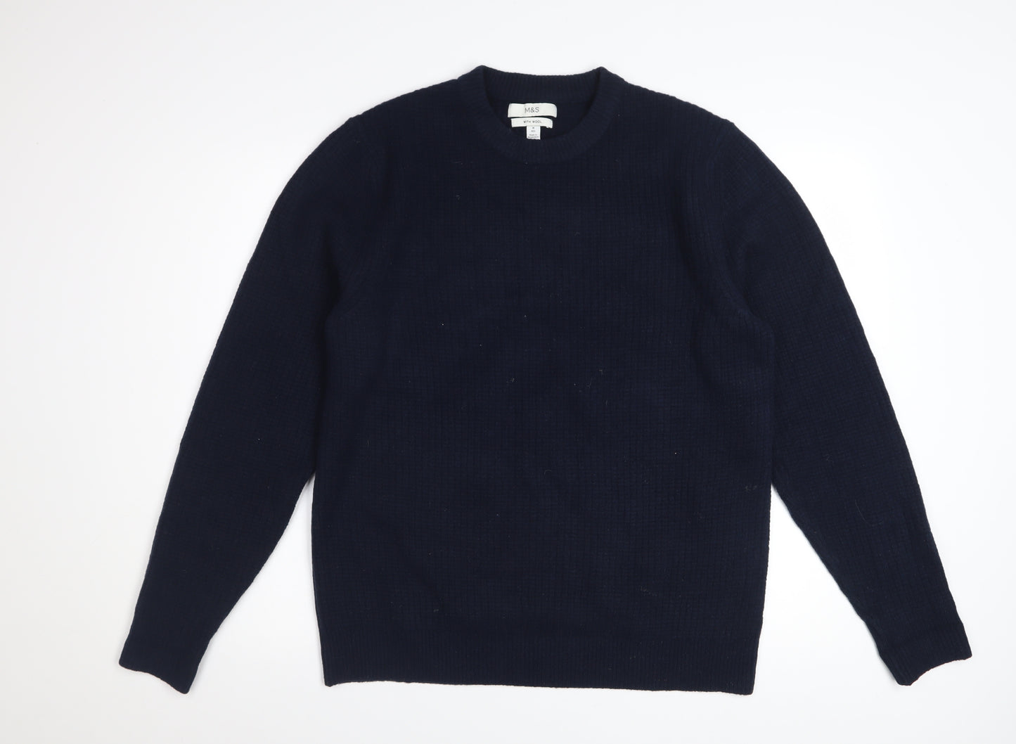 Marks and Spencer Men's Blue Wool Blend Crew Neck Jumper Size M