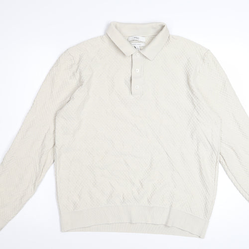 Marks and Spencer Mens Ivory Long Sleeve Textured Polo Shirt L