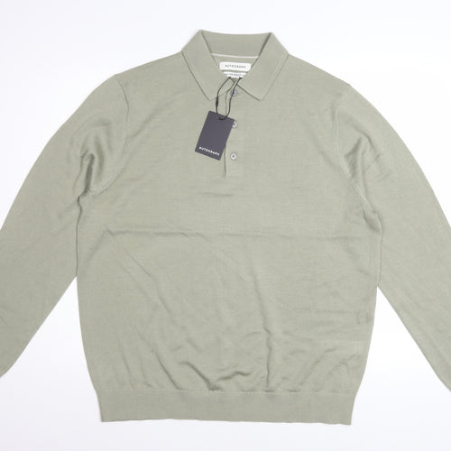 Marks and Spencer Autograph Men's Green Merino Wool Long Sleeve Polo Large