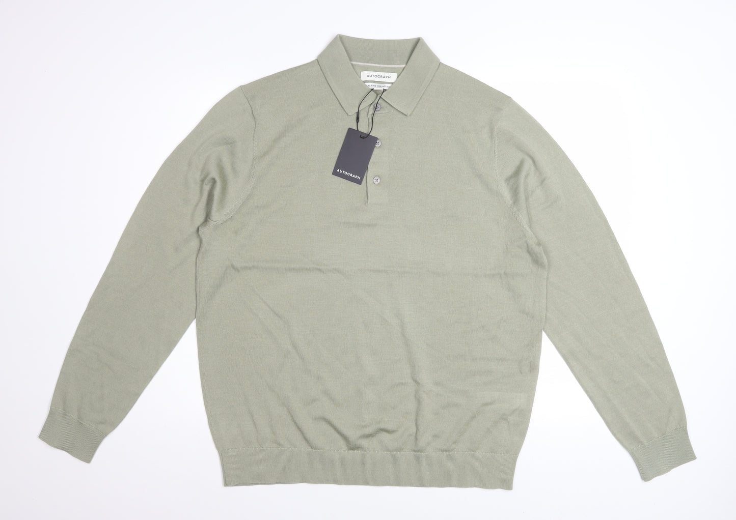 Marks and Spencer Autograph Men's Green Merino Wool Long Sleeve Polo Large