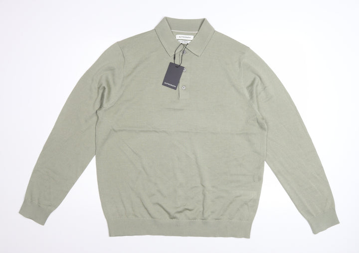 Marks and Spencer Autograph Men's Green Merino Wool Long Sleeve Polo Large