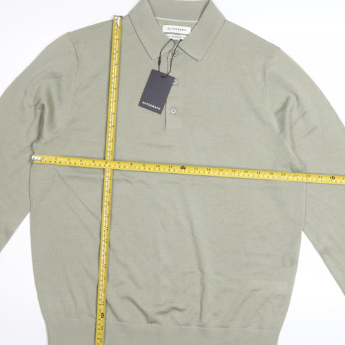 Marks and Spencer Autograph Men's Green Merino Wool Long Sleeve Polo Large