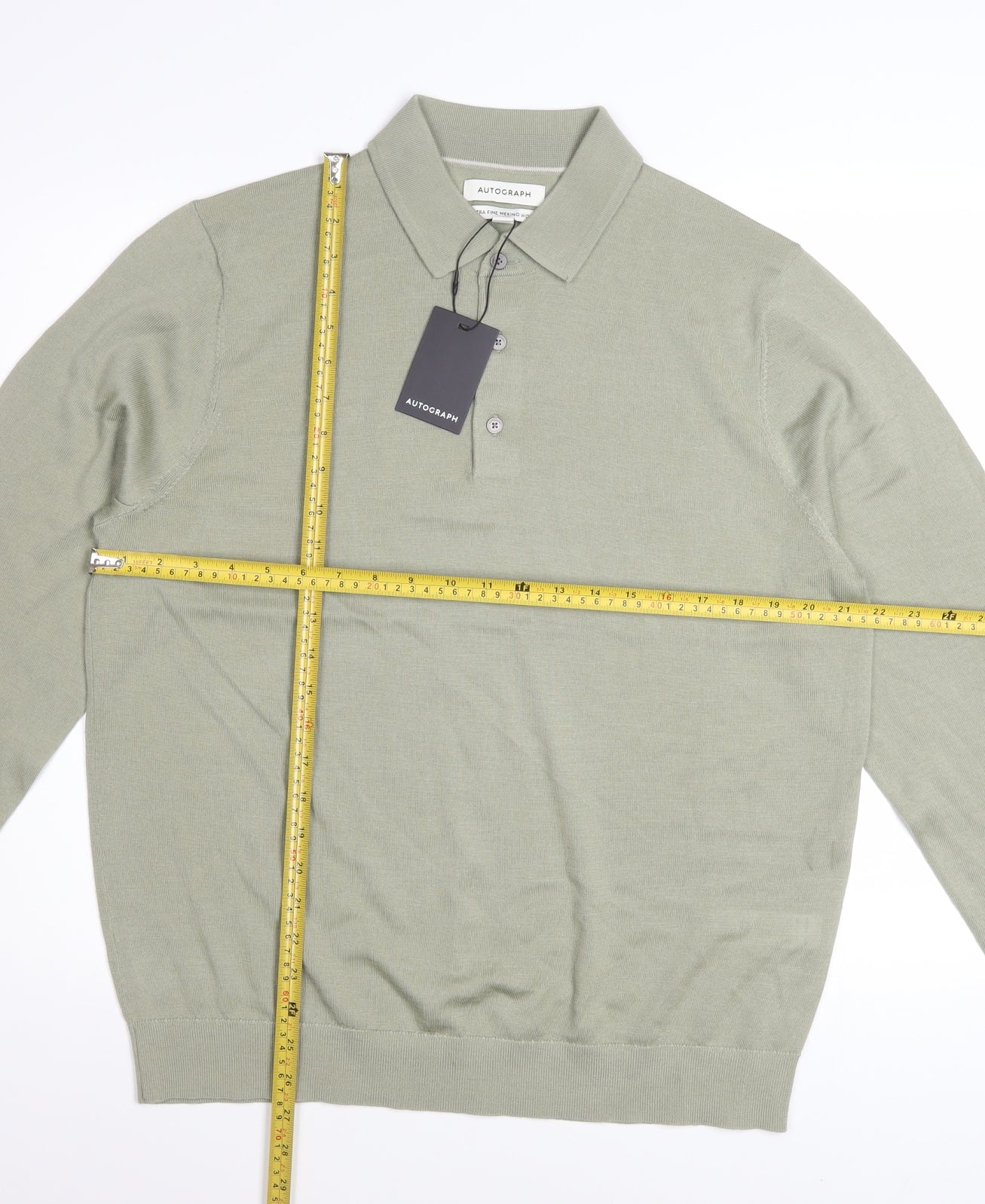 Marks and Spencer Autograph Men's Green Merino Wool Long Sleeve Polo Large