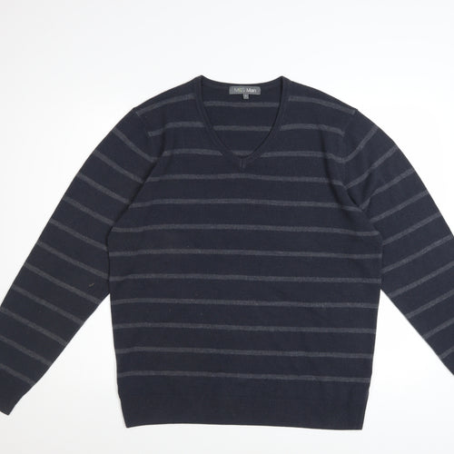 Marks and Spencer Men Blue Striped V-Neck Pullover Jumper Size L