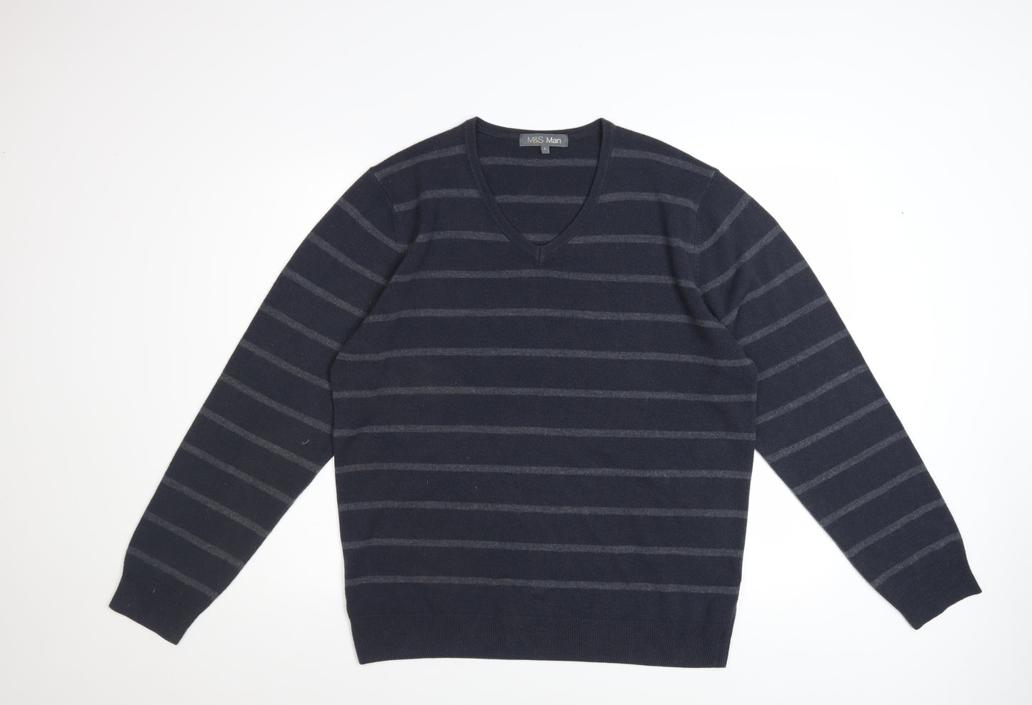 Marks and Spencer Men Blue Striped V-Neck Pullover Jumper Size L