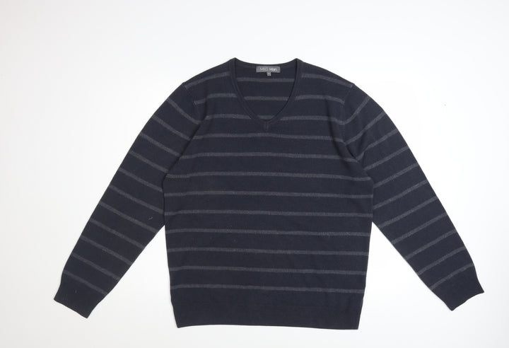 Marks and Spencer Men Blue Striped V-Neck Pullover Jumper Size L