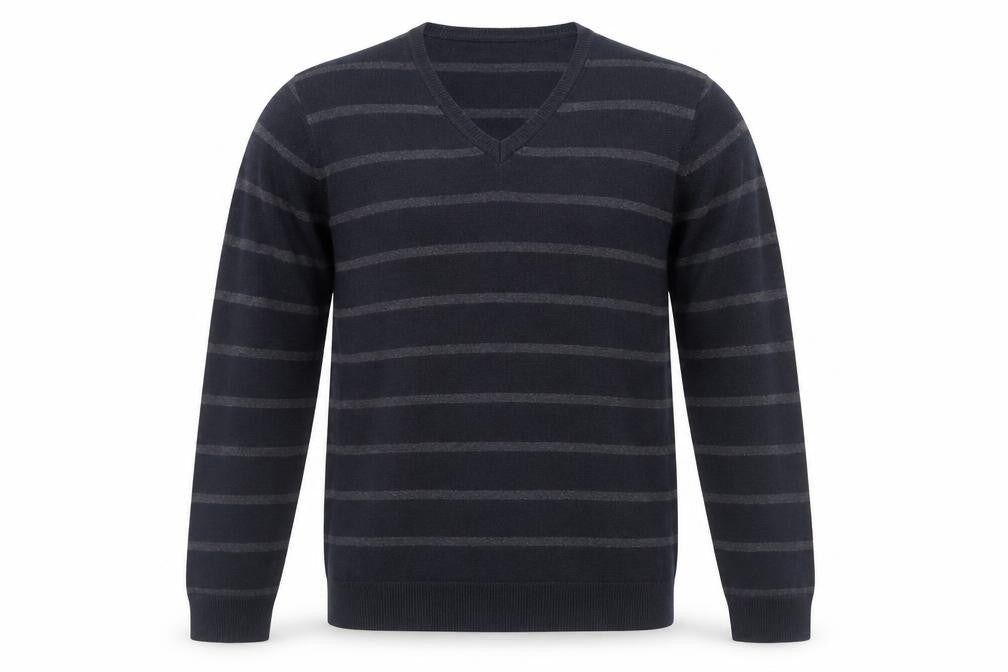 Front view of Marks & Spencer Men Blue Striped V-Neck jumper, size L