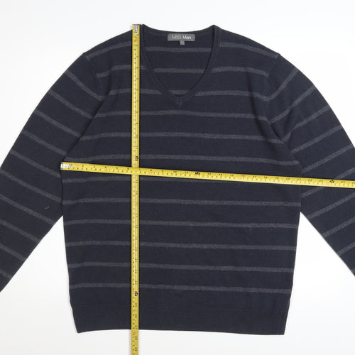 Marks and Spencer Men Blue Striped V-Neck Pullover Jumper Size L