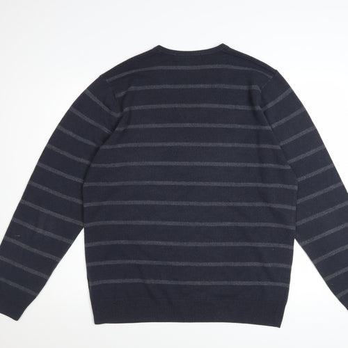 Marks and Spencer Men Blue Striped V-Neck Pullover Jumper Size L
