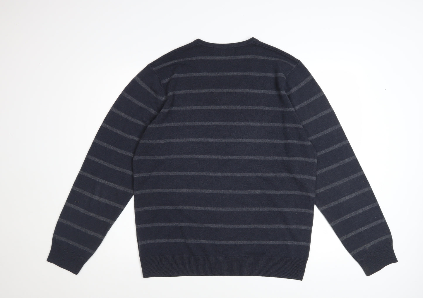 Marks and Spencer Men Blue Striped V-Neck Pullover Jumper Size L