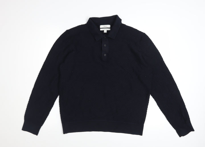 Marks and Spencer Men's Navy Long Sleeve Cotton Modal Polo L