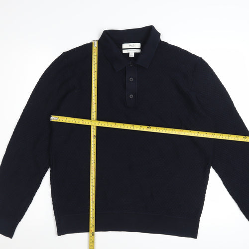 Marks and Spencer Men's Navy Long Sleeve Cotton Modal Polo L