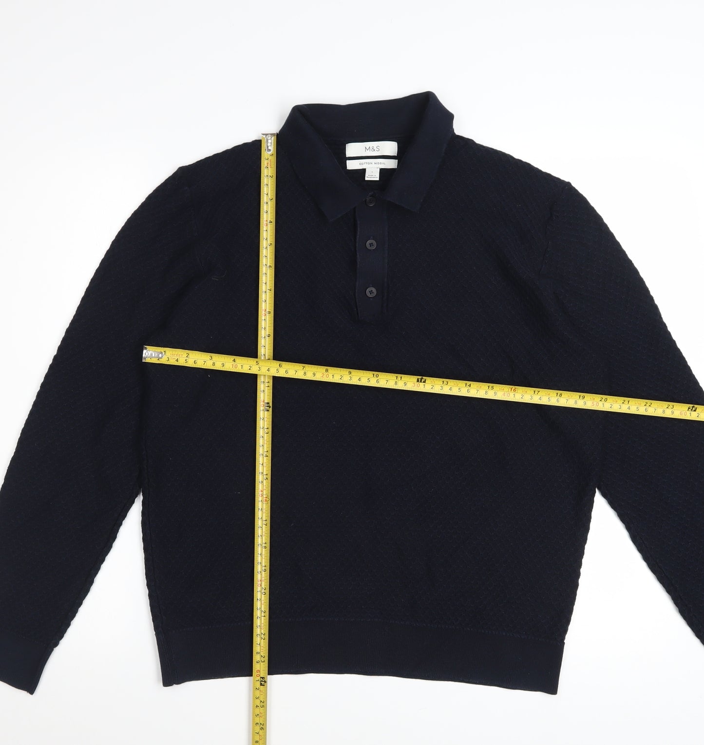 Marks and Spencer Men's Navy Long Sleeve Cotton Modal Polo L