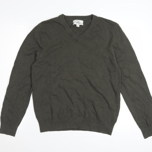 Marks and Spencer Men's Green V-Neck Cotton Jumper M Regular
