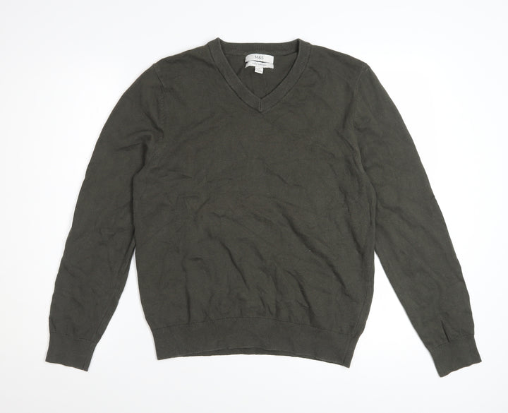 Marks and Spencer Men's Green V-Neck Cotton Jumper M Regular