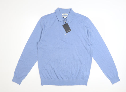 Marks and Spencer Autograph Men's Smokey Blue Merino Wool Long Sleeve Polo M