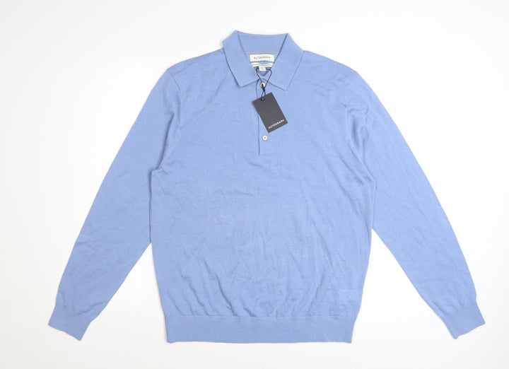 Marks and Spencer Autograph Men's Smokey Blue Merino Wool Long Sleeve Polo M