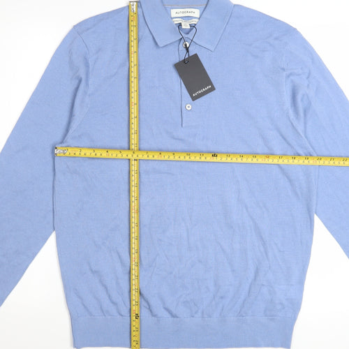 Marks and Spencer Autograph Men's Smokey Blue Merino Wool Long Sleeve Polo M