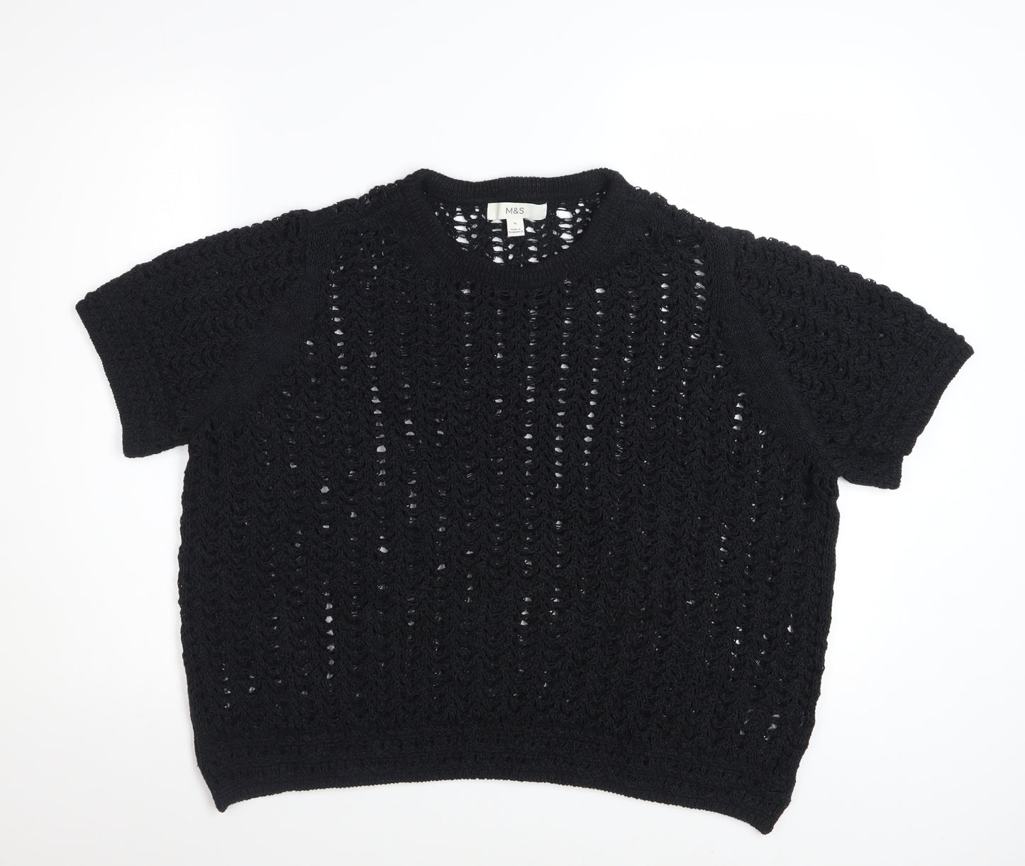 Marks and Spencer Womens Black XL Open Knit Short Sleeve Cotton Jumper
