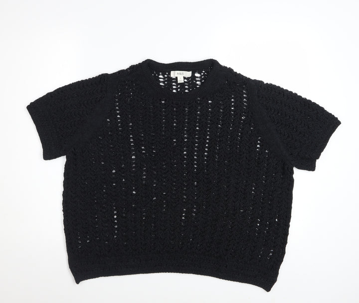 Marks and Spencer Womens Black XL Open Knit Short Sleeve Cotton Jumper