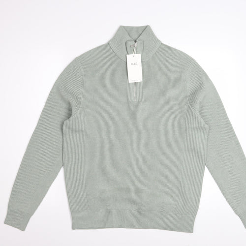 Marks and Spencer Men’s Green Half Zip High Neck Jumper Size M