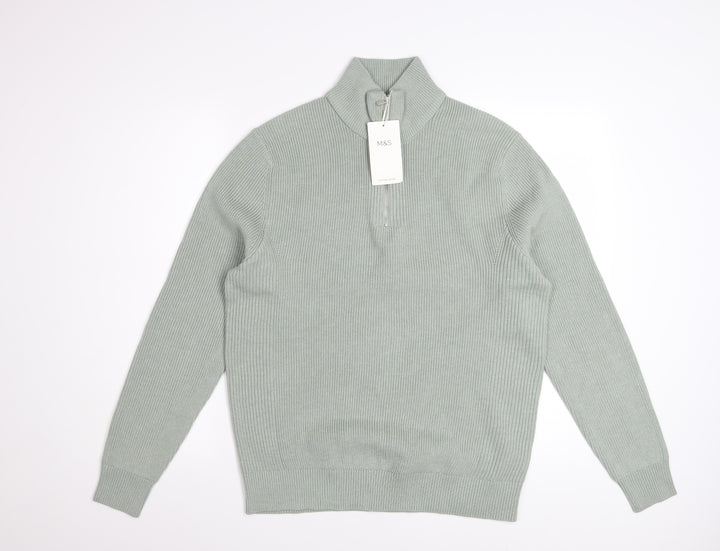 Marks and Spencer Men’s Green Half Zip High Neck Jumper Size M