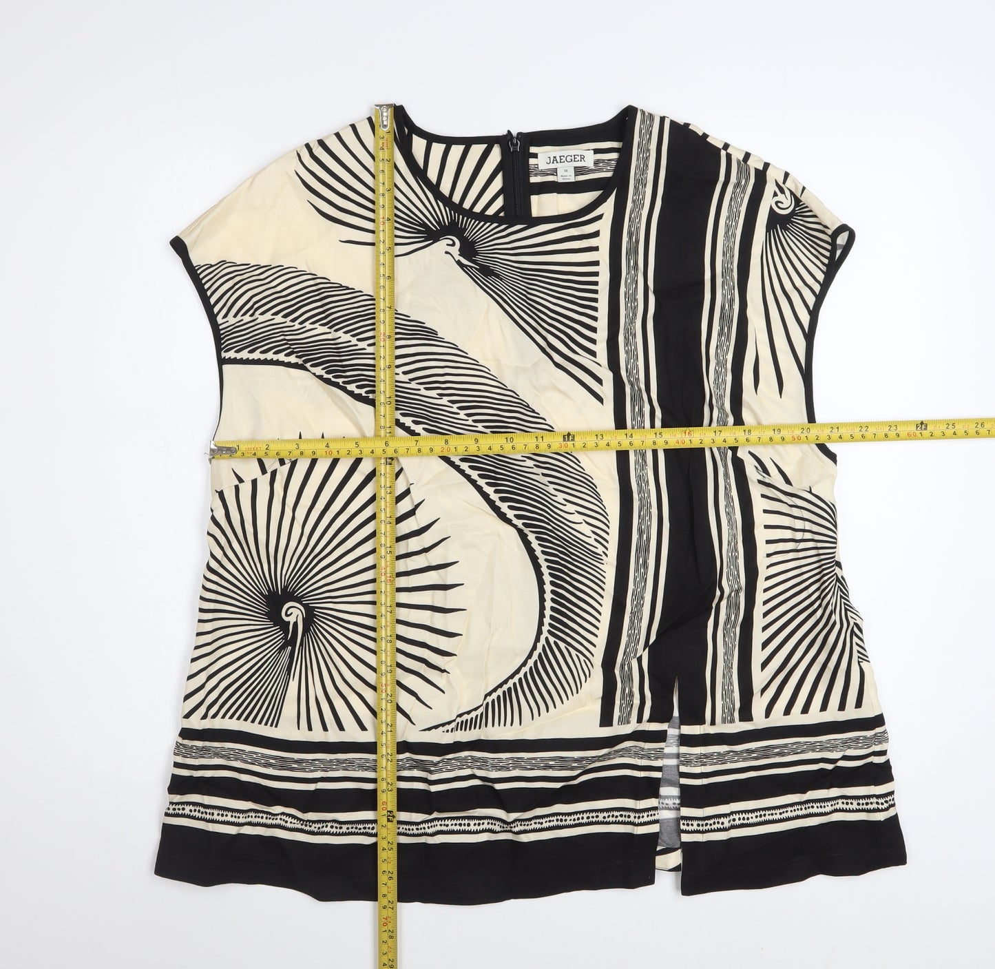 Jaeger Women’s Black Beige Silk Geometric Tunic Blouse Size 18