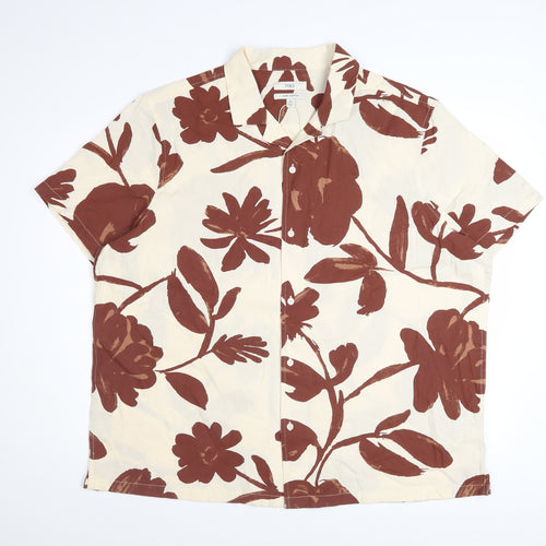 Marks and Spencer Men's Beige Floral Cotton Short Sleeve Button-Up Shirt 2XL