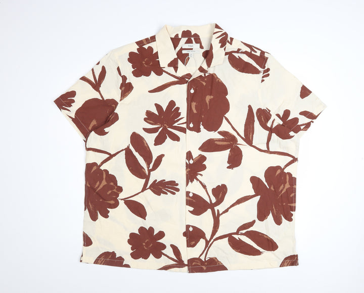 Marks and Spencer Men's Beige Floral Cotton Short Sleeve Button-Up Shirt 2XL