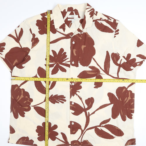 Marks and Spencer Men's Beige Floral Cotton Short Sleeve Button-Up Shirt 2XL