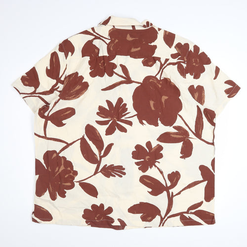 Marks and Spencer Men's Beige Floral Cotton Short Sleeve Button-Up Shirt 2XL
