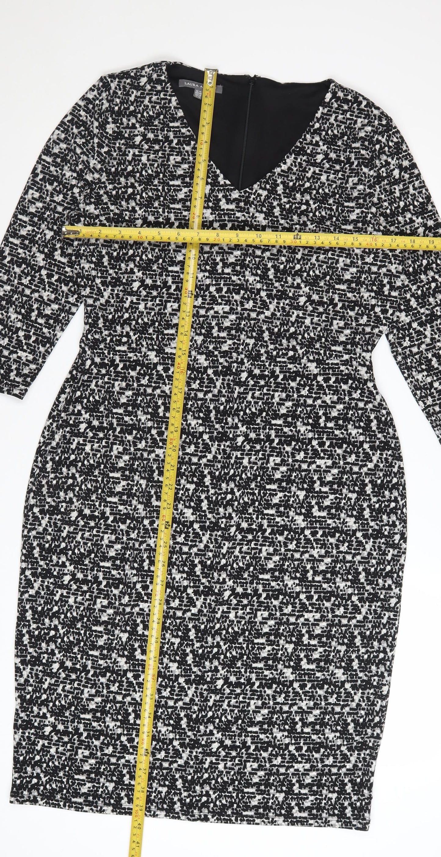 Laura Ashley Women's Black Geometric V-Neck Sheath Dress UK14