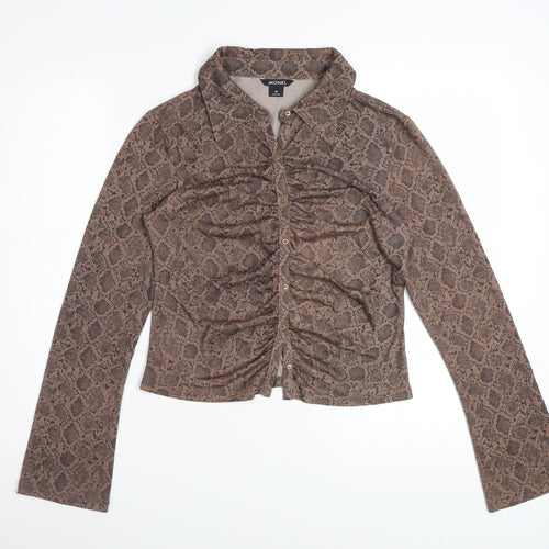 Monki Women Brown Snake Print Cropped Button-Up Shirt M