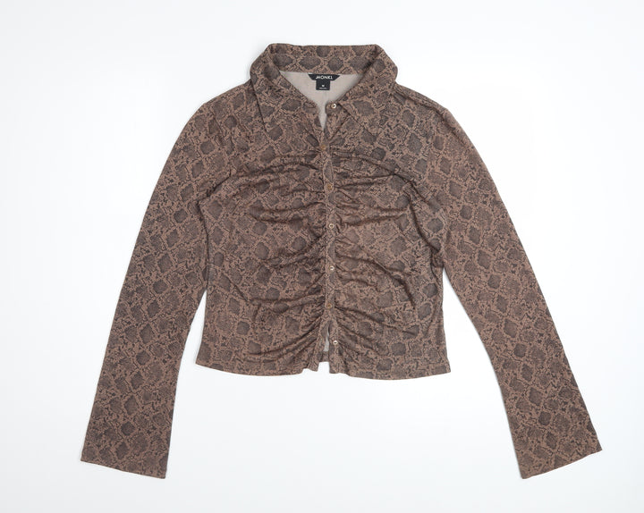 Monki Women Brown Snake Print Cropped Button-Up Shirt M