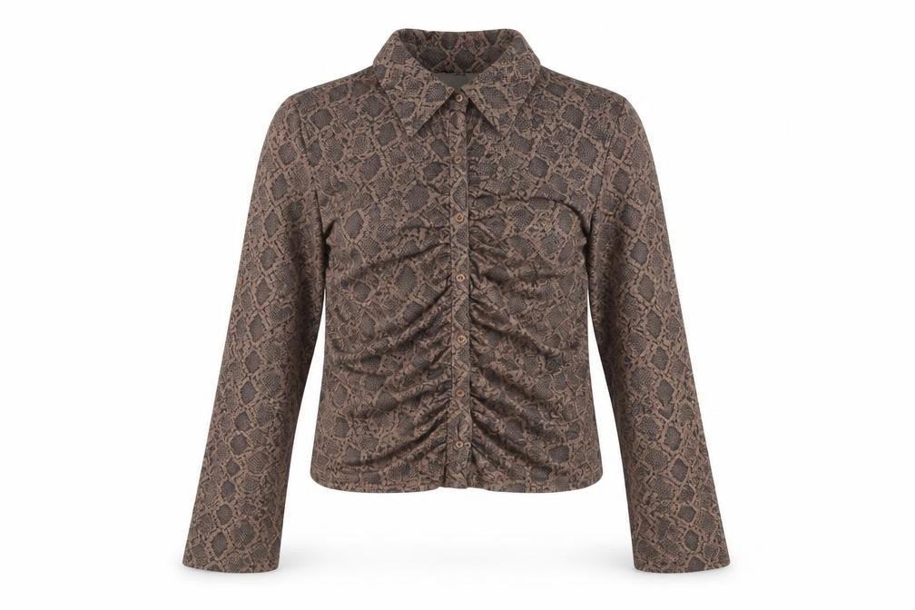 Front view of Monki Women Brown Snake Print Cropped Button-Up Shirt M