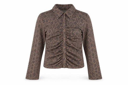Front view of Monki Women Brown Snake Print Cropped Button-Up Shirt M