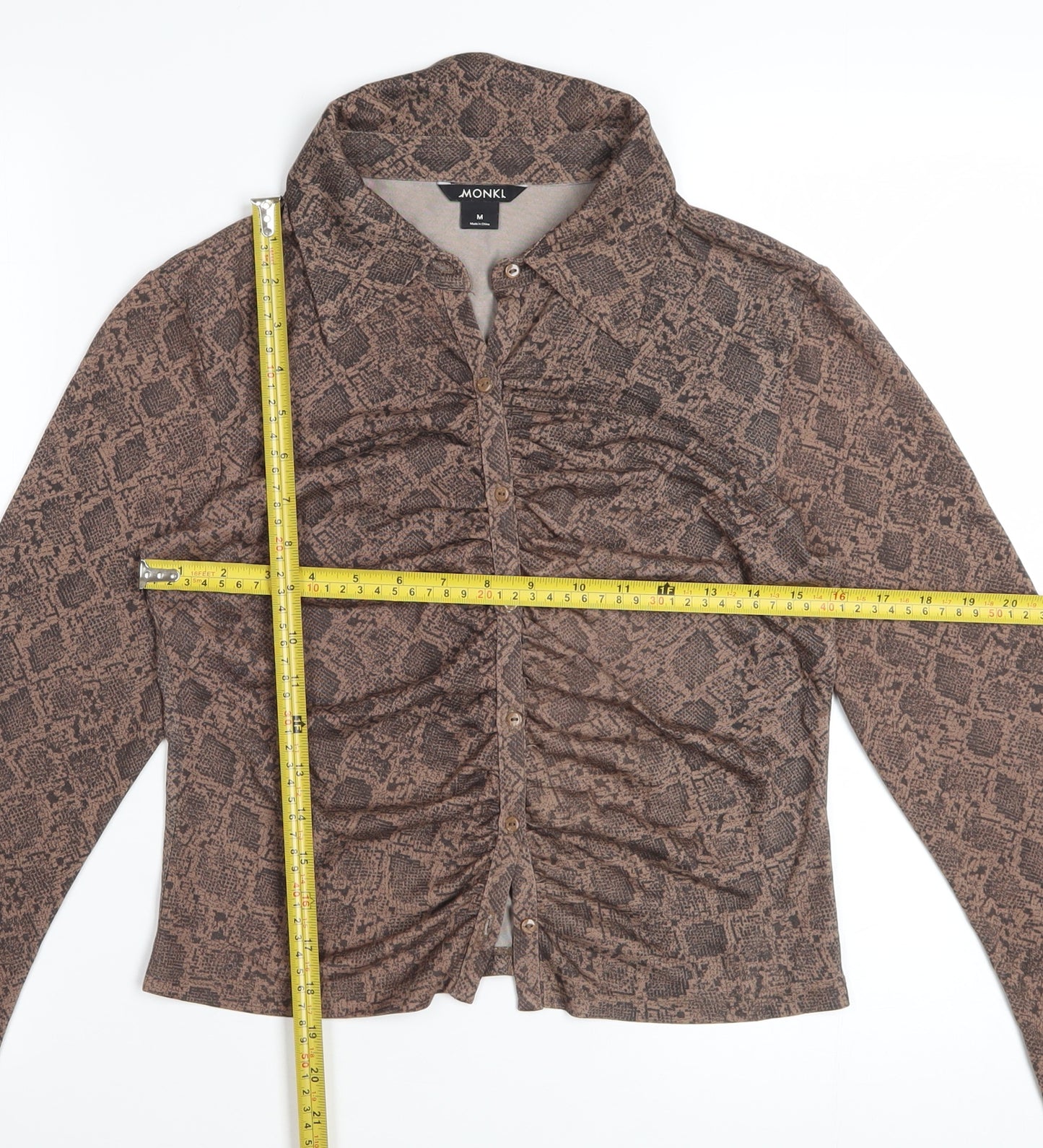 Monki Women Brown Snake Print Cropped Button-Up Shirt M