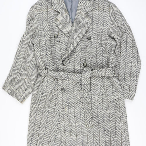 Gulins Men's Grey Herringbone Wool Blend Belted Overcoat Size 46 Regular