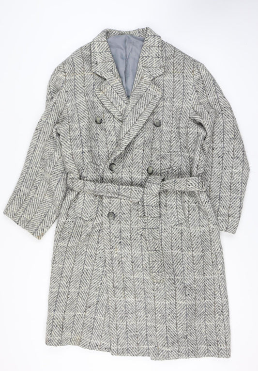 Gulins Men's Grey Herringbone Wool Blend Belted Overcoat Size 46 Regular