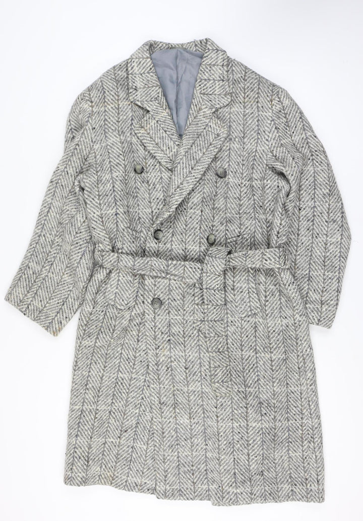 Gulins Men's Grey Herringbone Wool Blend Belted Overcoat Size 46 Regular