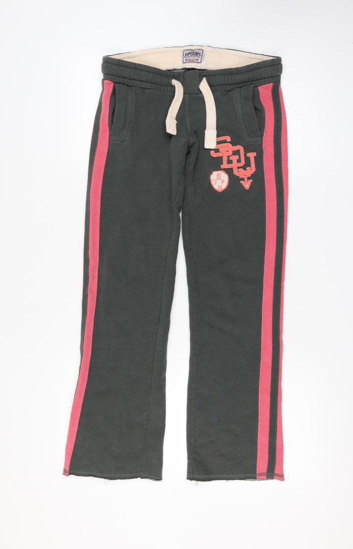 Superdry Womens Black Track Pants Size 14 Side Stripe Casual Fleece Joggers